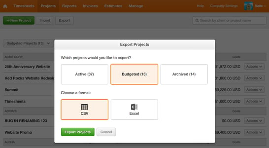 Export Projects with Budget