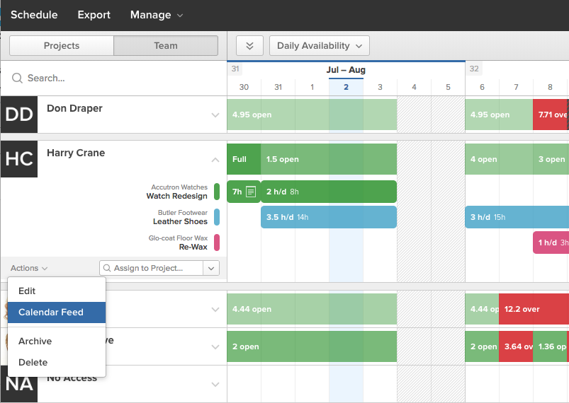 Choosing Calendar Feed from a Team Mates Actions Menu